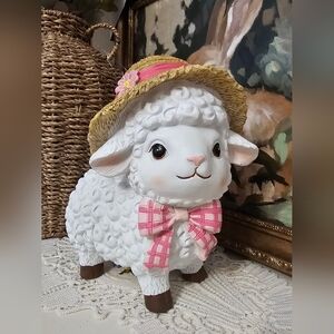Easter lamb with straw hat and pink bow Easter decor
